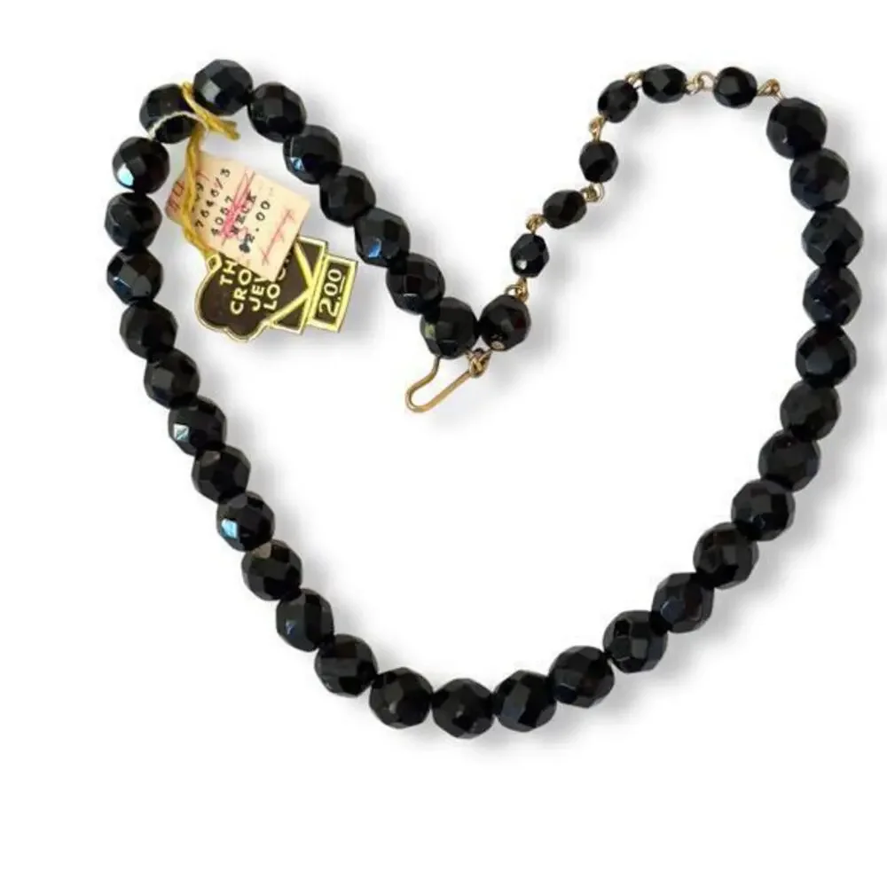 Vintage Laguna Black Jet Crystal Faceted Beaded Necklace NWT Estate Jewelry 28”